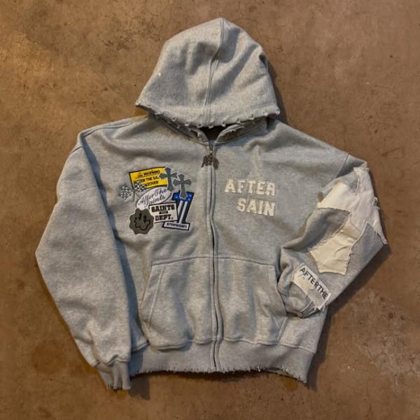 Custom Autumn Winter Distressed Embroidery Rhinestone Heavyweight 500 Gsm French Terry Boxy Oversized Zip up Hoodie