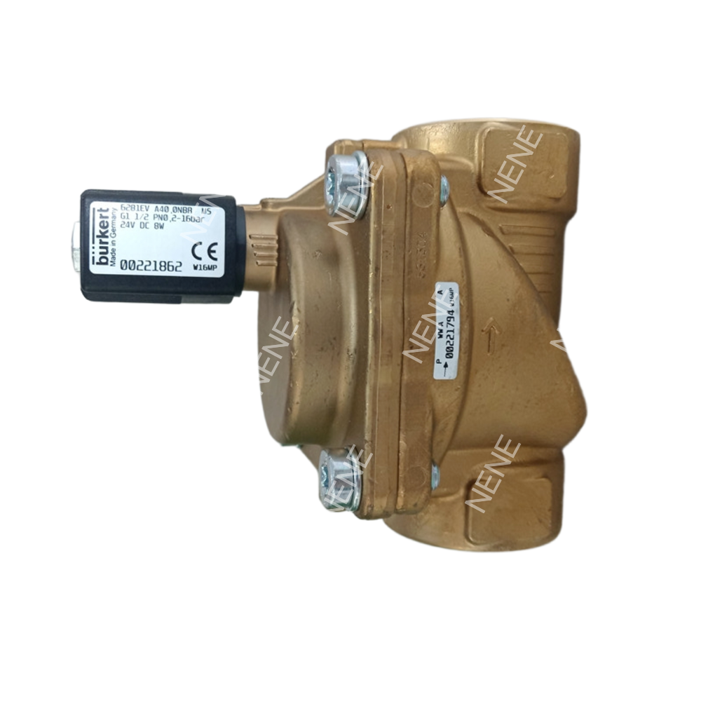 00322509 6281 G3/8 2/2, Usually Closed With Manual Control 10.0 Flow Hole AC24V 8W 0.2-16bar -10~+80 ℃ NBR Seal Material Burkert Solenoid Valve Brass Body