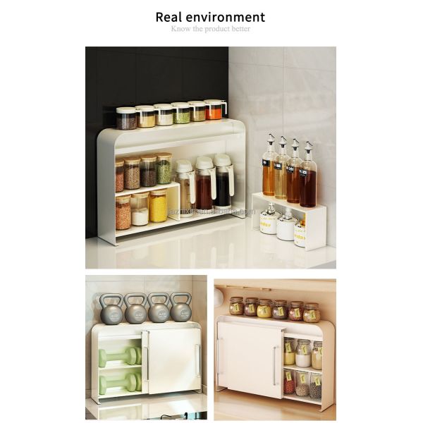 Kitchen Metal Double-layer Tableware Spices Rack Organizer Shelves Box Cabinet Countertop Cup Holder with Side Pull Door Storage