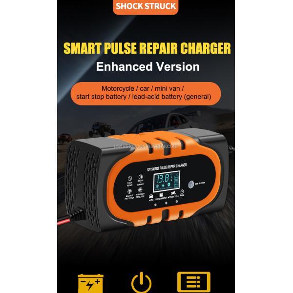 12V 10A Pulse Repair Smart Fast Charger Lead-Acid Battery Charger for Auto Motorcycle ABS Material Performance Charger