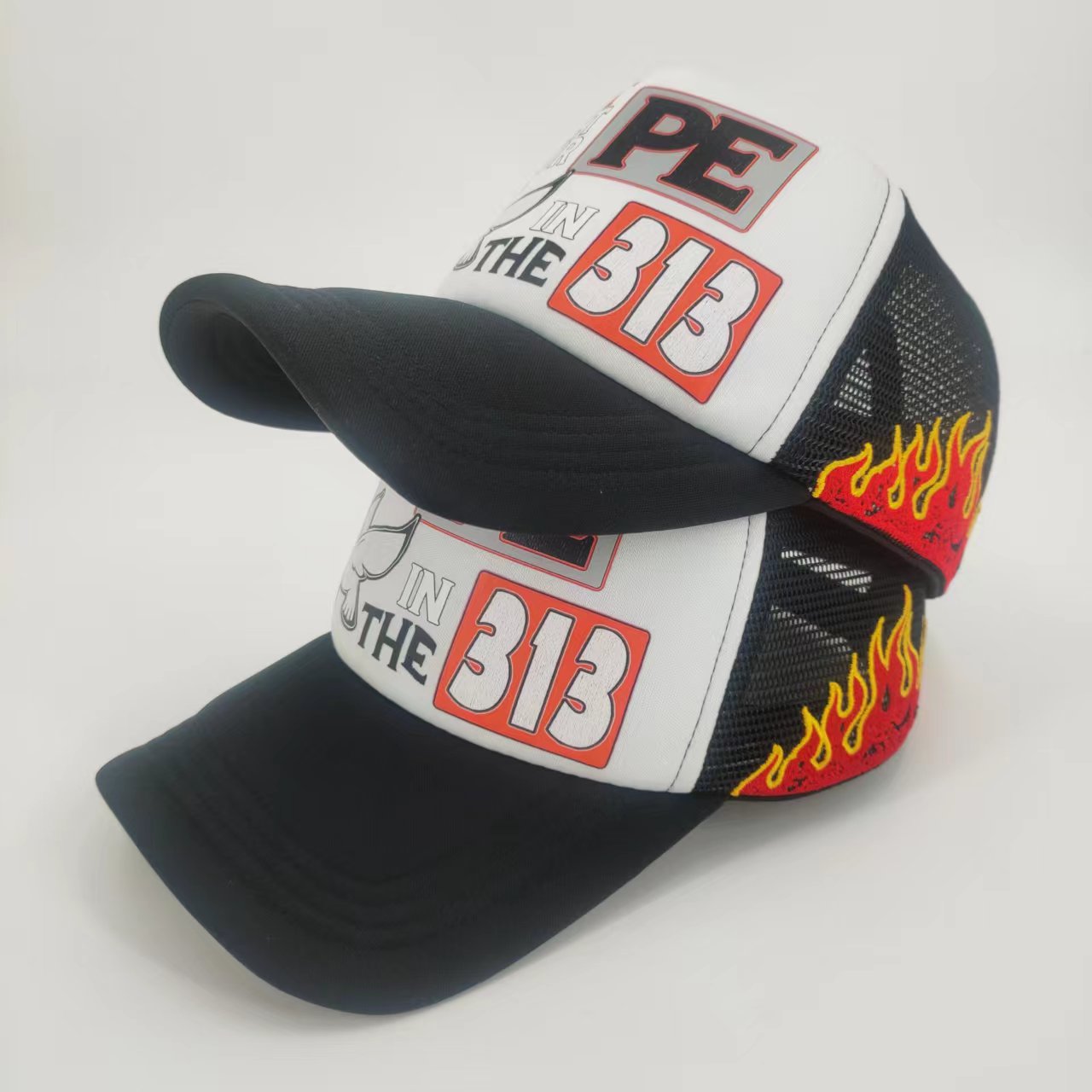 Patch Fire Flame Custom Embroidery Trucker Hats Pattern Mesh Foam Snapback Gorras With Flame Print Cute 5 panel