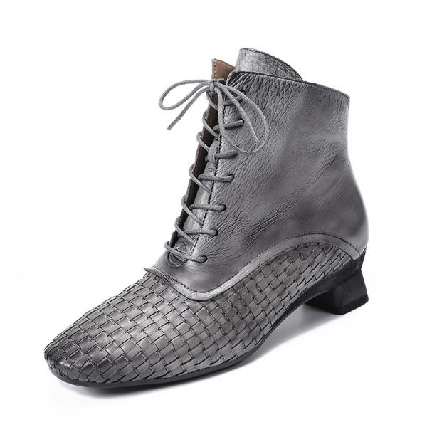 HZM027 Real Cowhide Women'S Martin Boots Autumn And Winter New Fashion Short Boots Casual Wild Woven Leather Boots Smoke