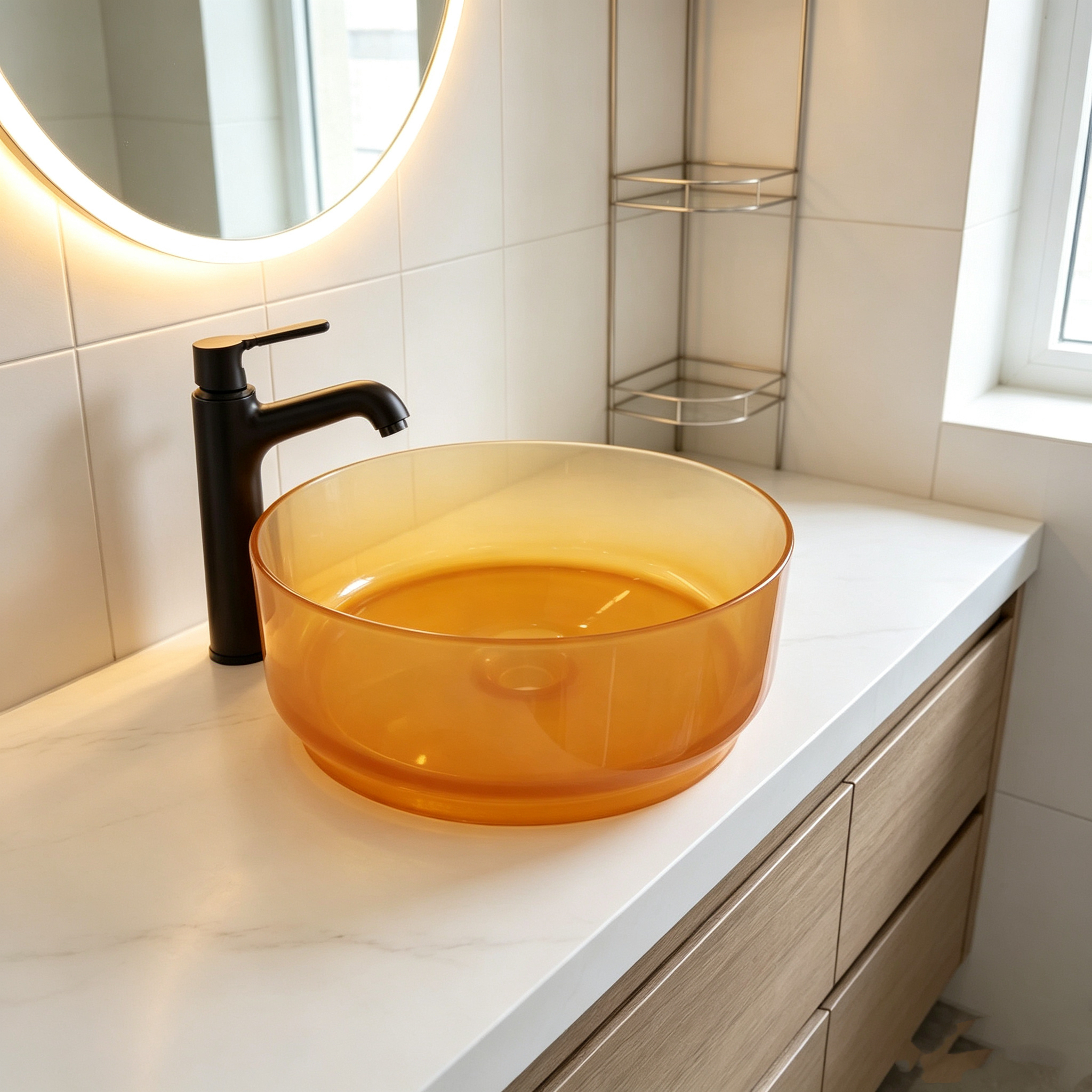 Orange Resin Solid Surface Vessel Sink Countertop Basin 500mm For Contemporary Bathroom
