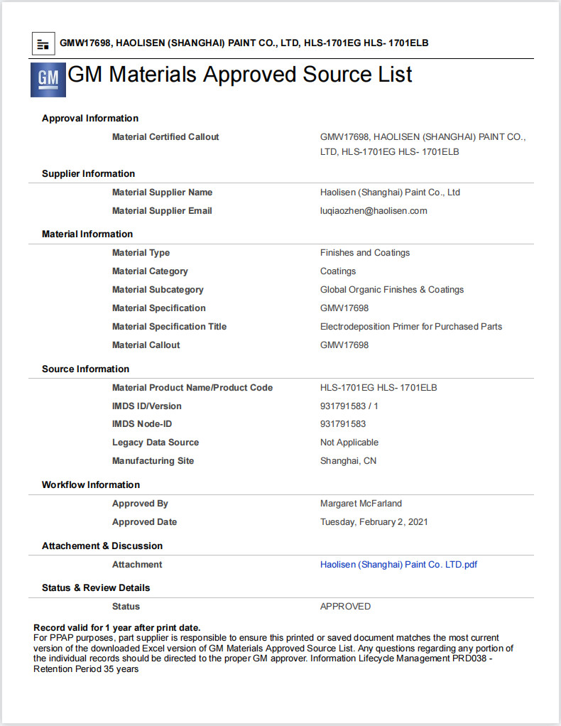 HLS Coatings (Shanghai)Co.Ltd Сертификации