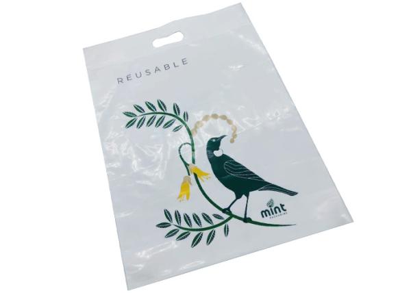Reusable and Recyclable Heavy Duty White Poly LDPE Reinforced Die Cut Handle Retail Boutique Shopping Bags
