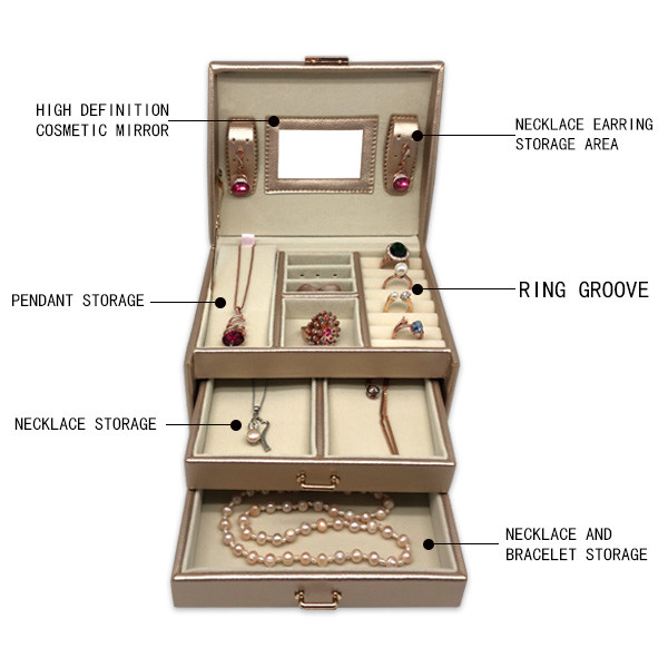 2 Layers Rectangle Mirror Leather Jewelry Box For gift