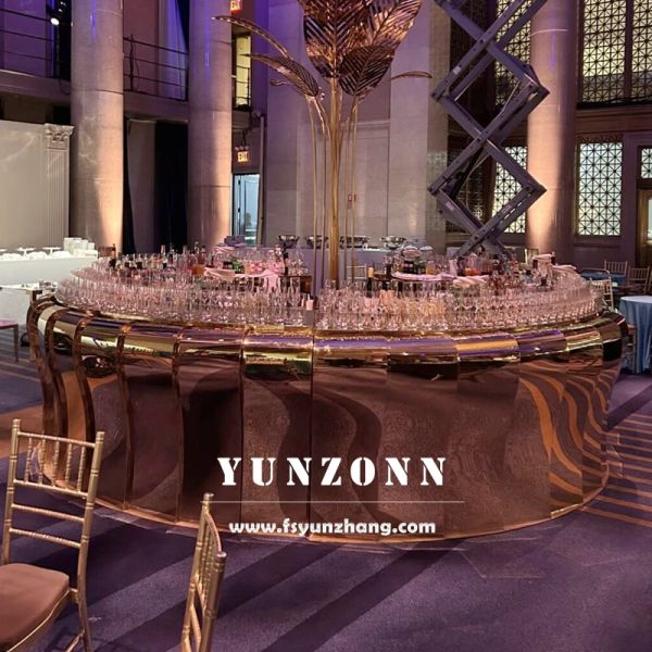 Modern Design Latest Model Round Shaped Golden Mirror Stainless Steel Reception Bar Counter for Hotel Tables