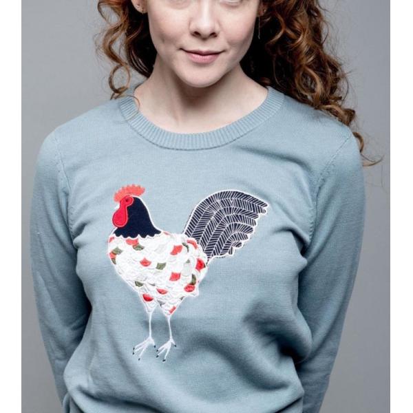 WOMEN'S 100% COTTON FINE GAUGE APPLIQUE ROOSTER EMBROIDERY KNITTED SWEATER ( PULLOVER )