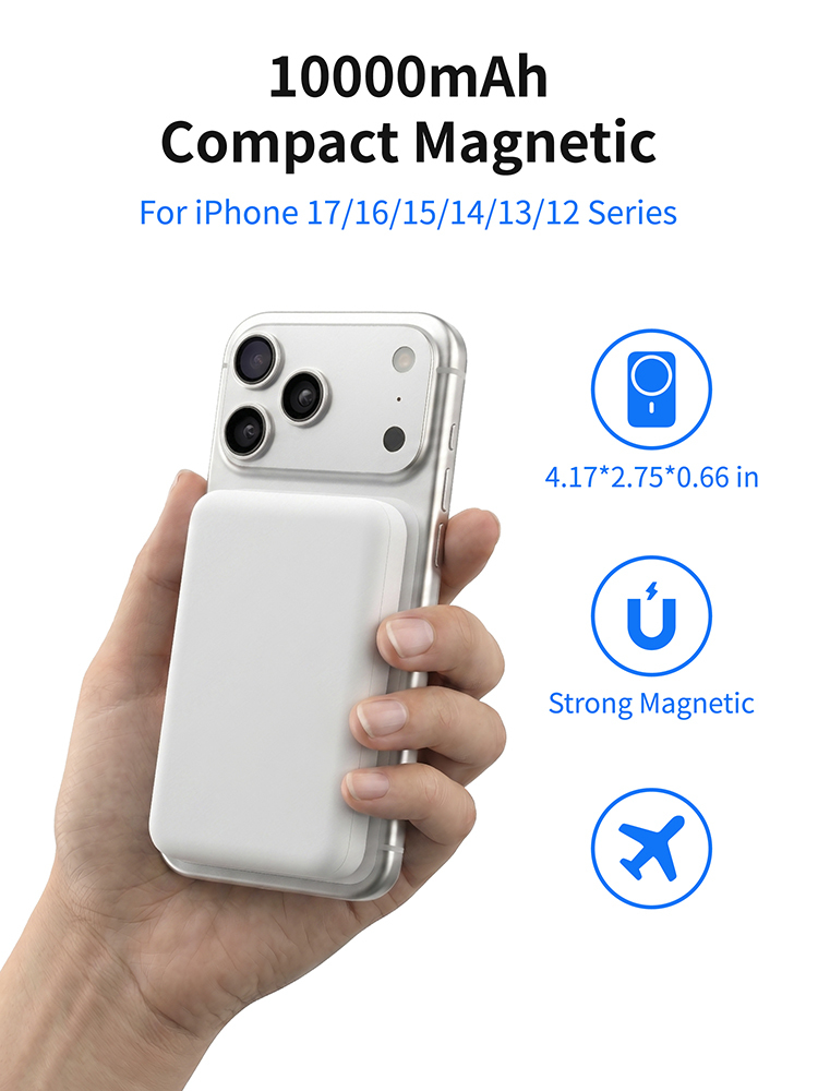 10000mAh Portable Magnetic Wireless Power Bank, Compatible with 15W/10W/7.5W/5W Wireless Charging, Built-in Type-C Input & Output Port, 4 LED Battery Indicator Lights External Battery Pack