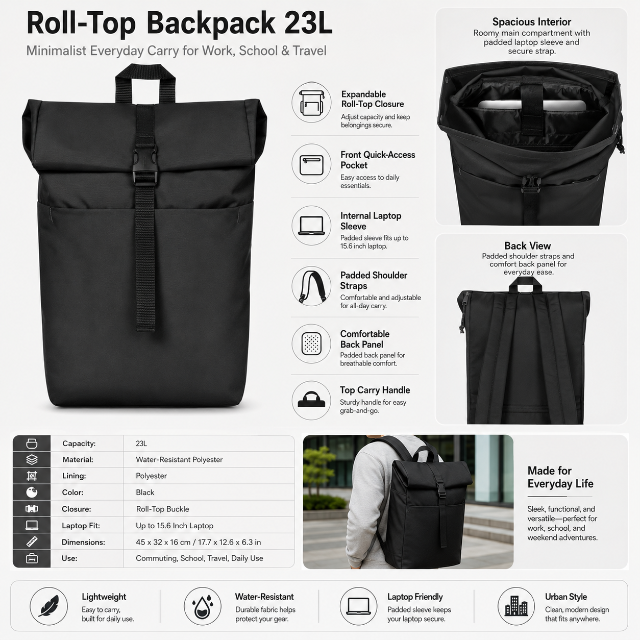 23L Classic Everyday Backpack, Lightweight Casual Daypack for School, College, Work & Travel, Durable Black Backpack for Men and Women