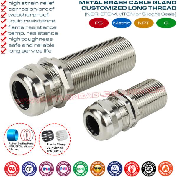 Long Thread Cable Gland, IP68/IP69K Brass Metal Cable Glands with Extralong Thread PG7~PG48 & M12~M63 for Thick Panel