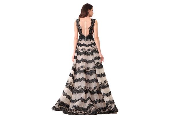 Black Color Embroidery Lace Long Evening Gowns / Sleeveless Prom Party Dress