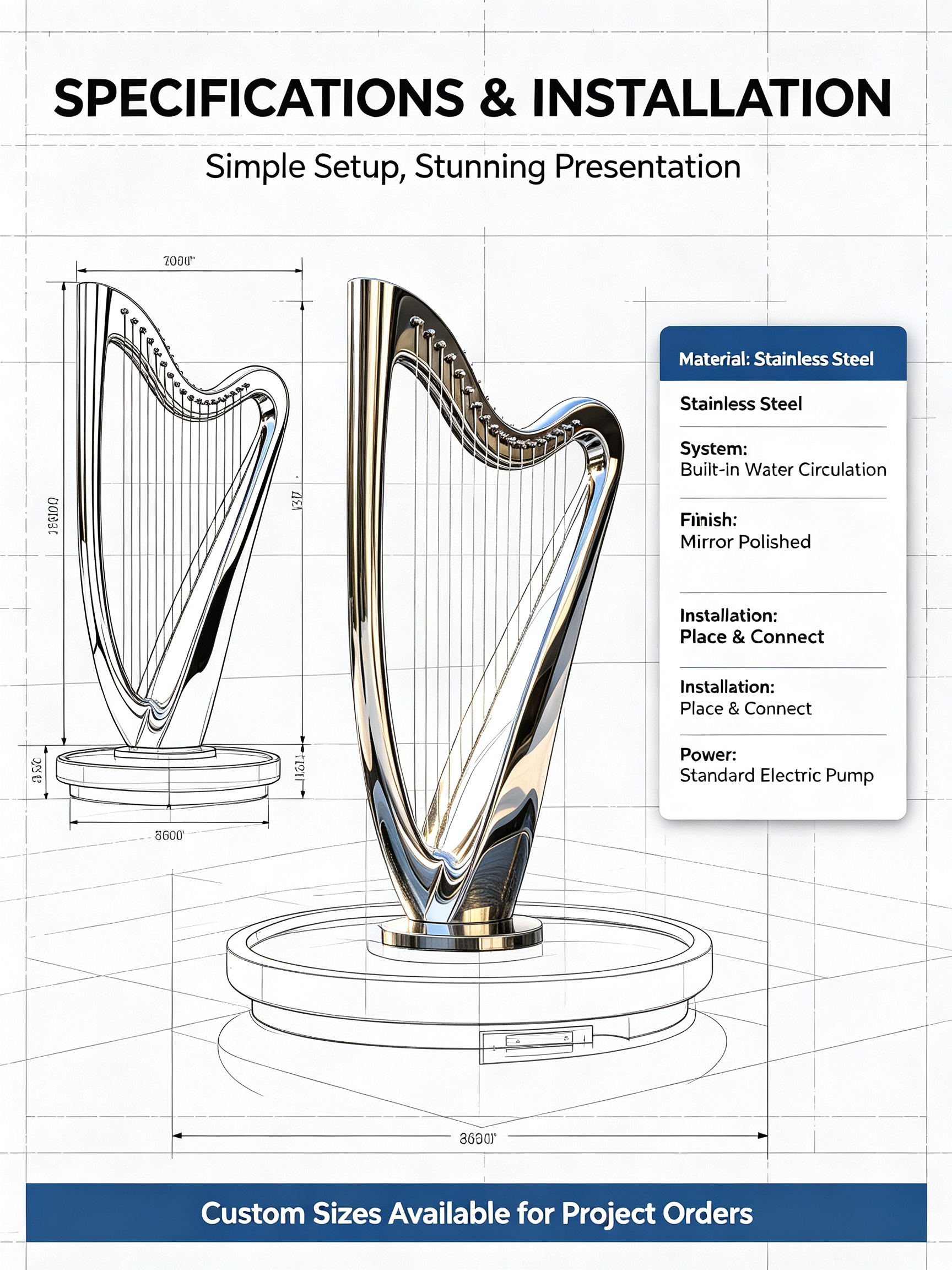 Mirror Polished Stainless Steel Harp Water Fountain Sculpture with Recirculating Water System and Customizable Lighting