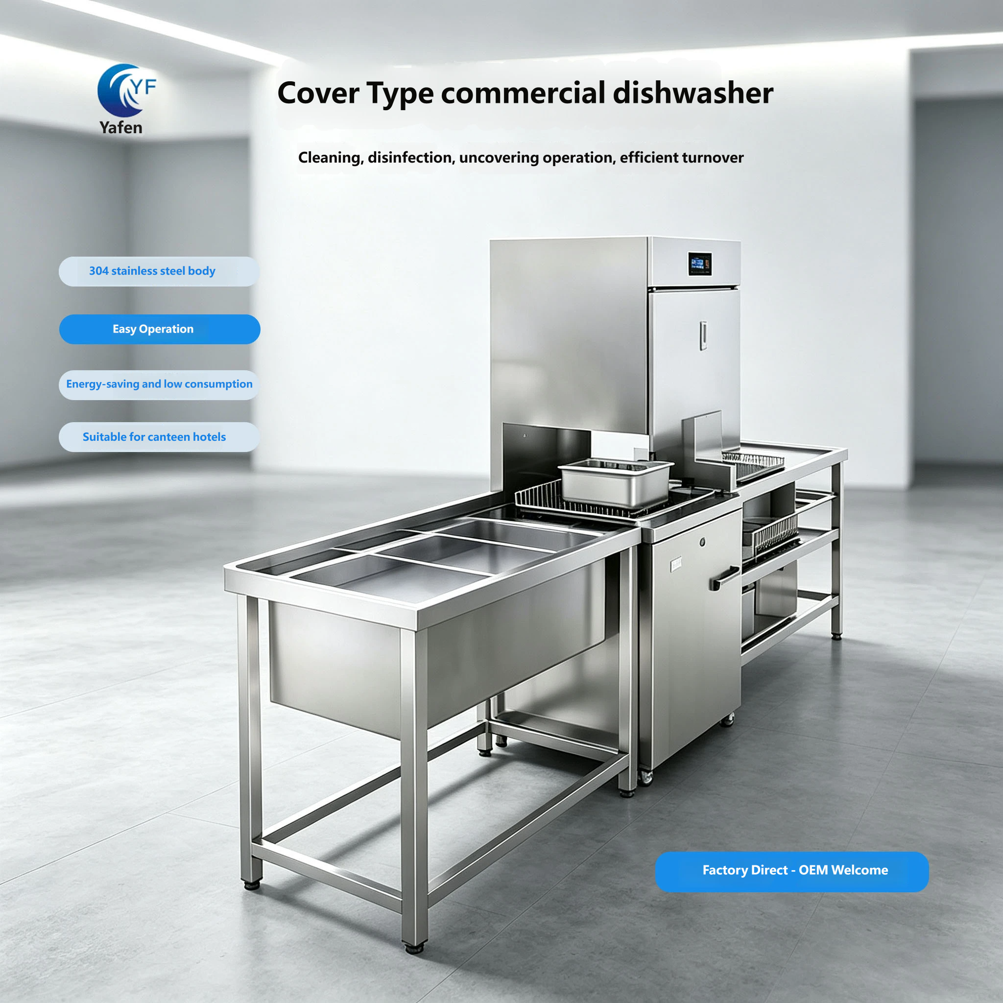 Flight‑type dishwasher.Automatic Hood Type Commercial Dishwasher Freestanding Industrial Dish Washer High‑Temp Rinse for Catering Kitchen