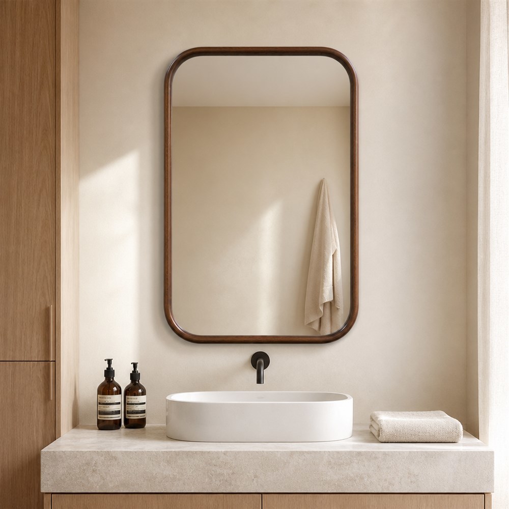 Rounded Rectangle Wood Frame Wall Mirror with 5MM Copper-free Silver Mirror for Vertical & Horizontal Mount