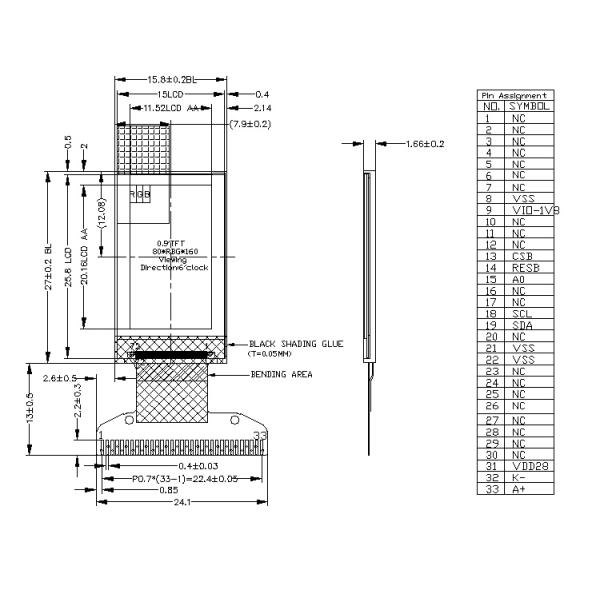 0.9 дюймовый ЖК-дисплей TFT, разрешение 80×160, 33 PINS 4 Wire SPI Interface 100cd/M2