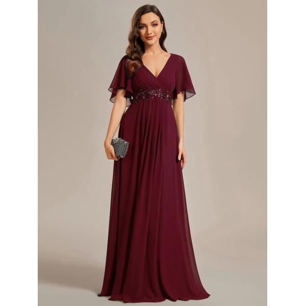Sexy Empire Applique A-line Short Flutter Sleeves V-neck Invisible Zipper Burnt Orange Chiffon Evening Dress