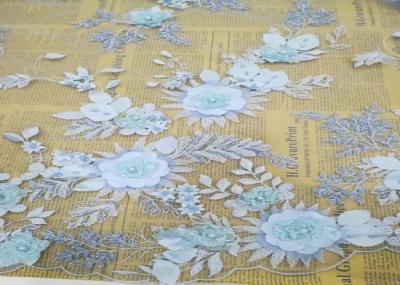 Embroidery 3D Floral Wedding Dress Lace Fabric By The Yard With Beads Light Blue