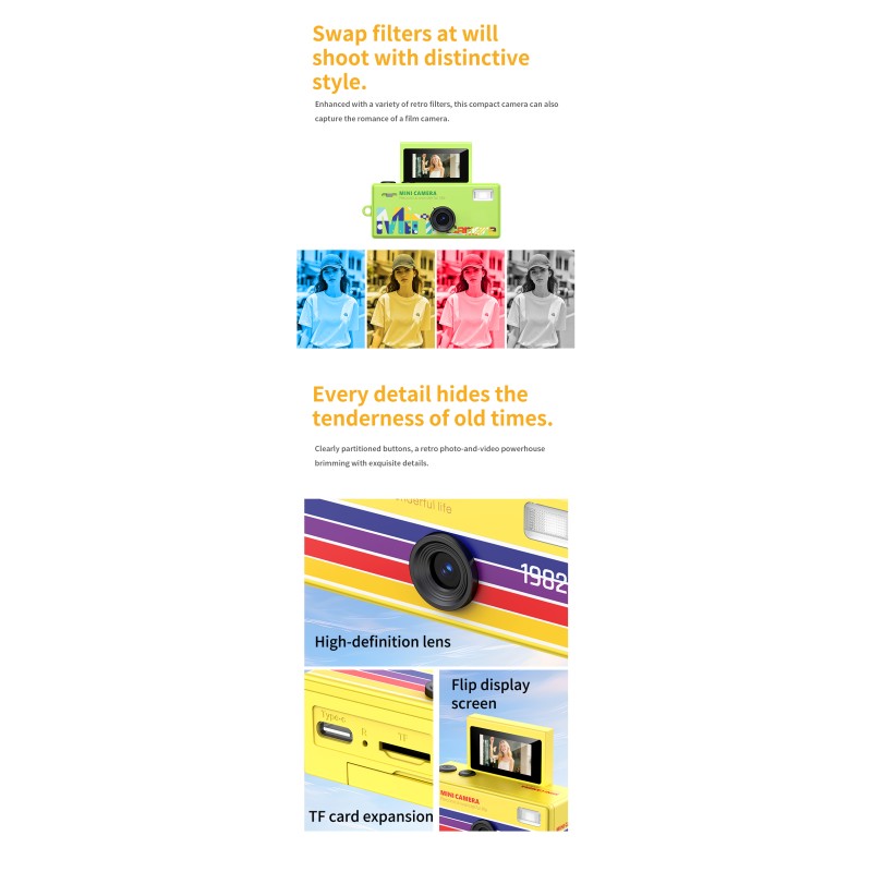 Portable 720P Retro Mini Trendy Toy Thumb Digital Camera with 0.96-Inch Flip Screen and 200mAh Battery Wearable Classic Camera