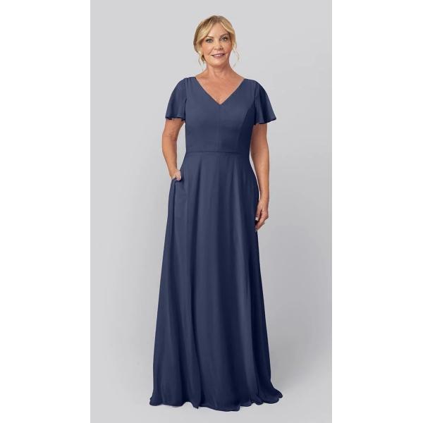 Romantic V-neckline A-line Back Keyhole Cutout Short Flutter Sleeve Zipper Navy