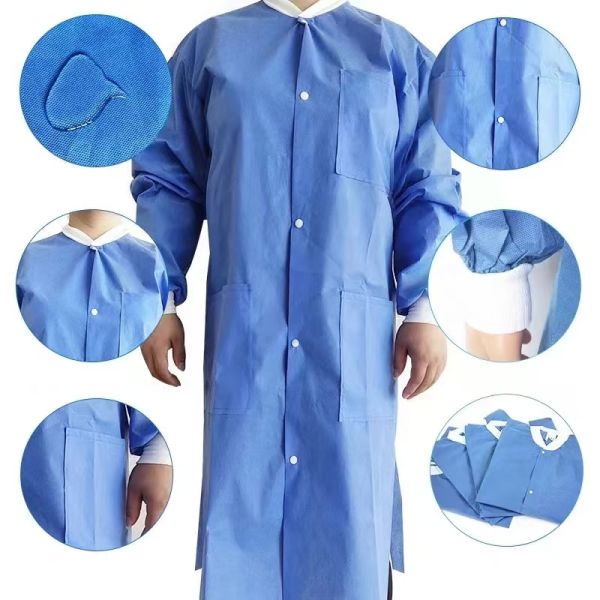 Disposable Adult Medical Lab Jacket Hospital Visitor Gowns Coat Knit Cuff Collar 3 Pockets Breathable PP SMS Material PPE Coat