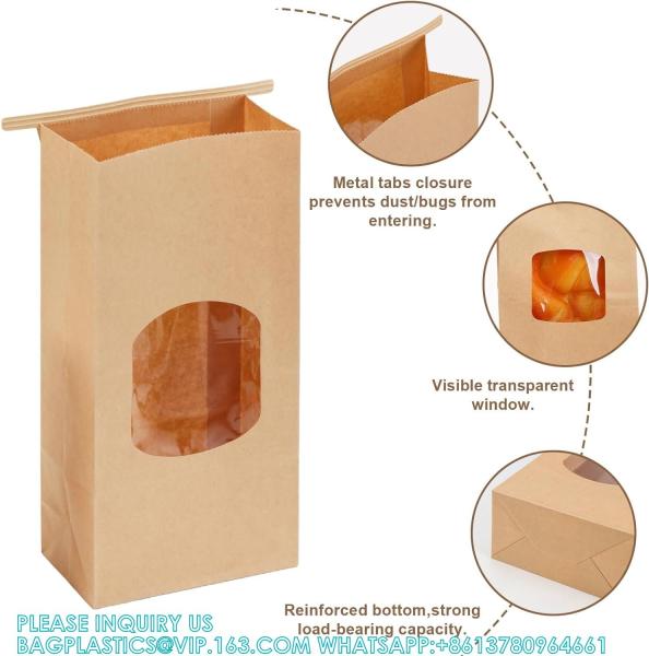 Bakery Bags With Window, Cookie Bags Coffee Bags Kraft Paper Bags, Tin Tie Tab Lock Bags Brown Window Bags