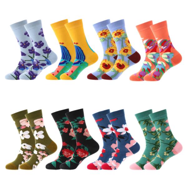 Custom Unisex Men Women 100 Cotton Floral Pattern Novelry Happy Colorful Cotton Crew Socks