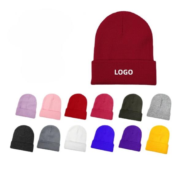 Custom Logo Embroidery Unisex Acrylic Knit Cuffed Cap Warm Winter Knit Hats Beanie for SKI