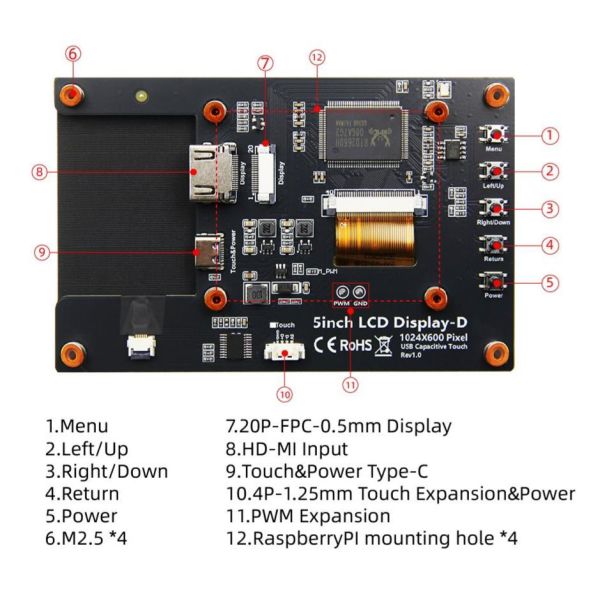 YBC050PKH-Q2 5 Inch 1024×600 HDMI LCD Display with 5-Point Capacitive Touch for Raspberry Pi