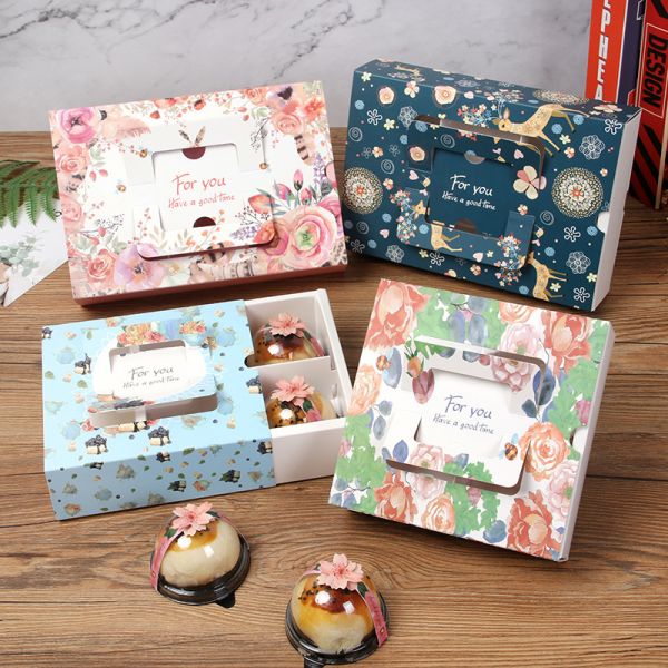 Windowed Pastry Box 4pc 6pc Mooncake Cookie Packaging Handle Carry Design Floral Pattern Window Box for Egg Tarts Snowflake Cookies