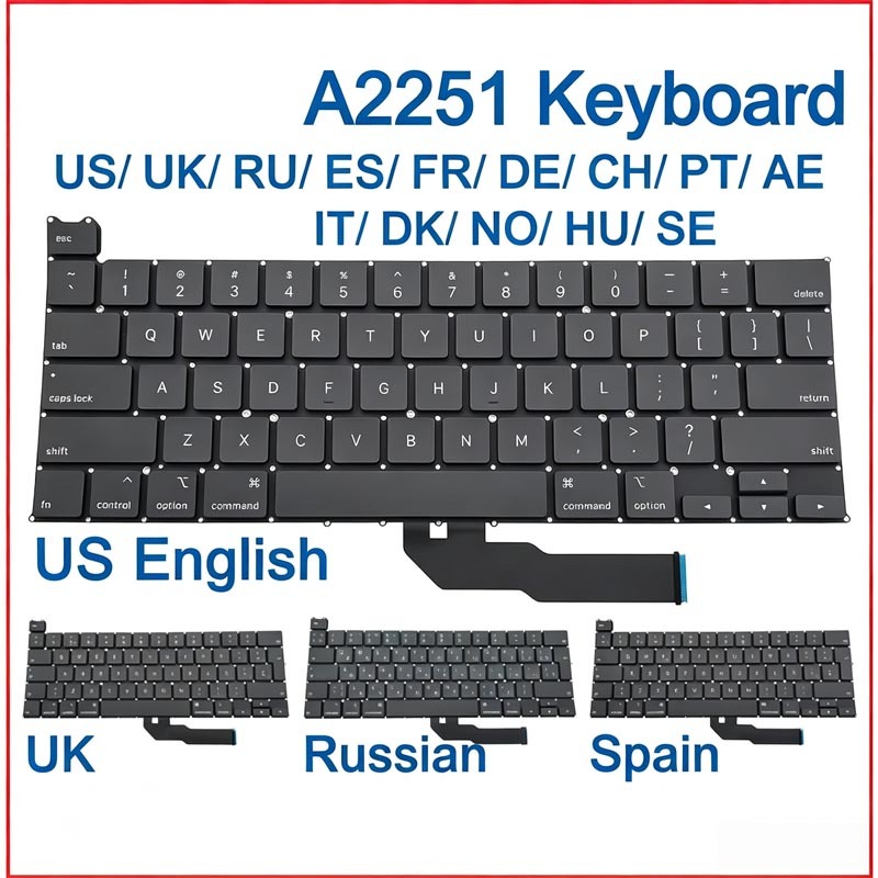 New A2251 Backlit MacBook Keyboard Replacement with Multiple Language Layouts  for MacBook Pro 13 Year 2020 EMC 3348