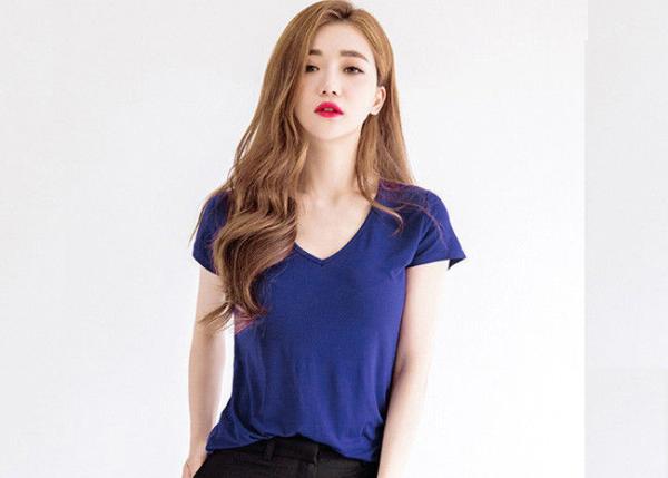 Sexy V Neck Women's T - Shirts Combed Cotton Soft Color Blue Casual Tee