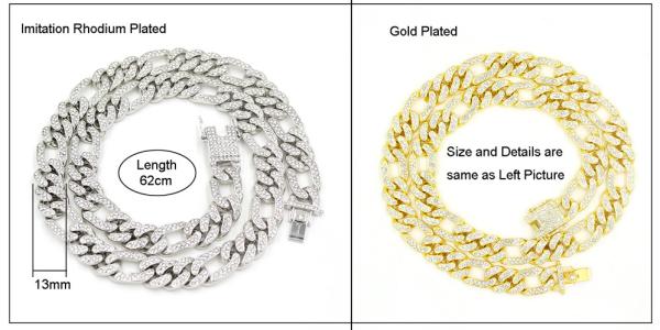 Men Women Cuban Chain Necklace Hip Hop Jewelry 13mm Iced Out Curb Cuban Gold Plated Figro Rhinestone Chain Necklace