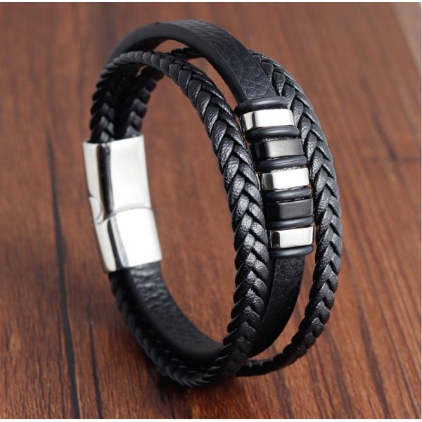 European Market Bestseller Weave Leather Bracelet with Silver Plated Stainless Steel
