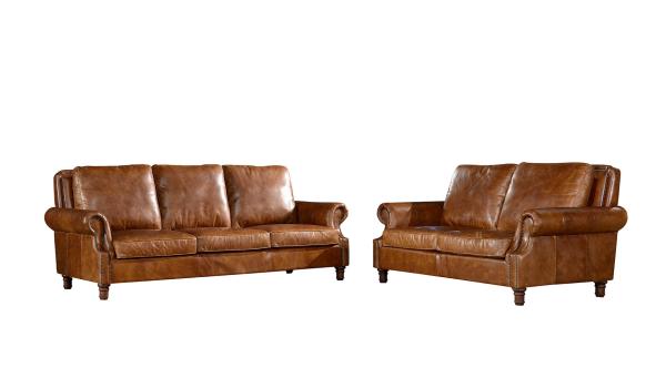 Living Room Genuine Soft Leather Sofa Vintage Tan Brown Color With Rolled Arms