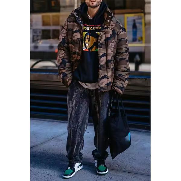 Nouveau produit Outdoor hiver unisexe Camouflage Cargo Pocket Puffer Puffer Jacket Front Front Bomber personnalisé Veste pour hommes