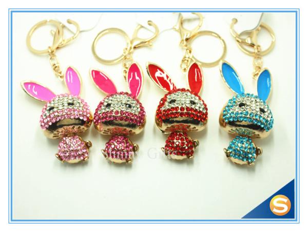 Trendy Rhinestone Cute Rabbit Shape Crystal Gold Plated Key Chain For Handbag Decoraction