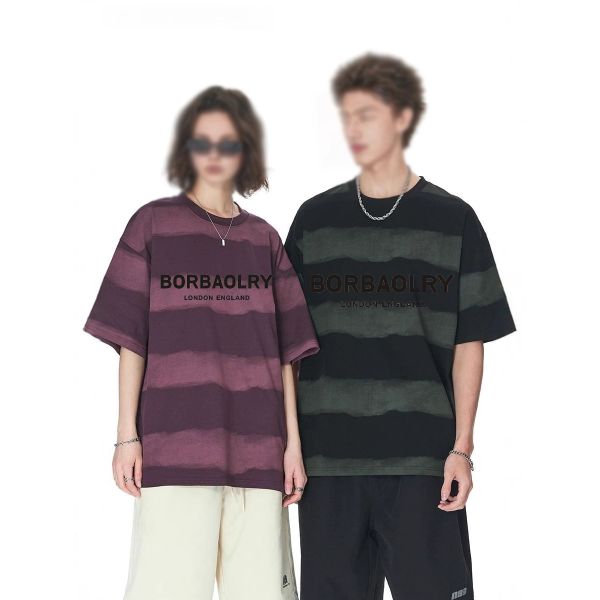 Wholesale 220g T-shirt Cotton Fashion Casual Loose Striped Top Tie-dye Craft Dropped Shoulders Round Neck Short Sleeve