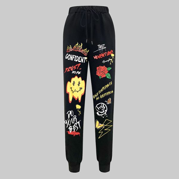 Cotton Women Pants Graffiti Street Style Wide Leg Sweatpants