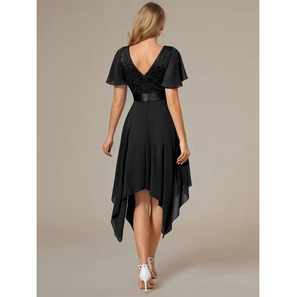 Asymmetrical Hem V-neck Empire Waist A-line Short Sleeves Knee-length Dusty Navy Lace Chiffon Bridesmaid Dress