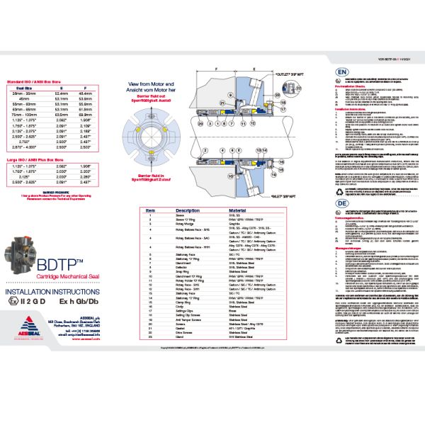 BDTP Cartridge Mechanical Seals Tandem Elastomer Bellows Double Seal For Pumps