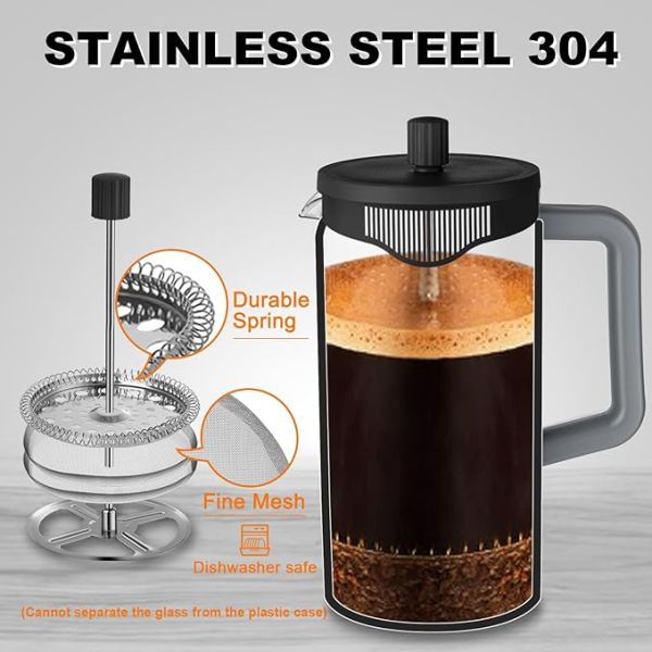 Portable Double Wall Glass French Press Stainless Steel Borosilicate Glass French Press