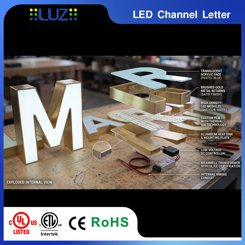 Brushed Gold Metal Casing Macaron Colors Internal Lighting LED Letter For Boutique Fashion Shop
