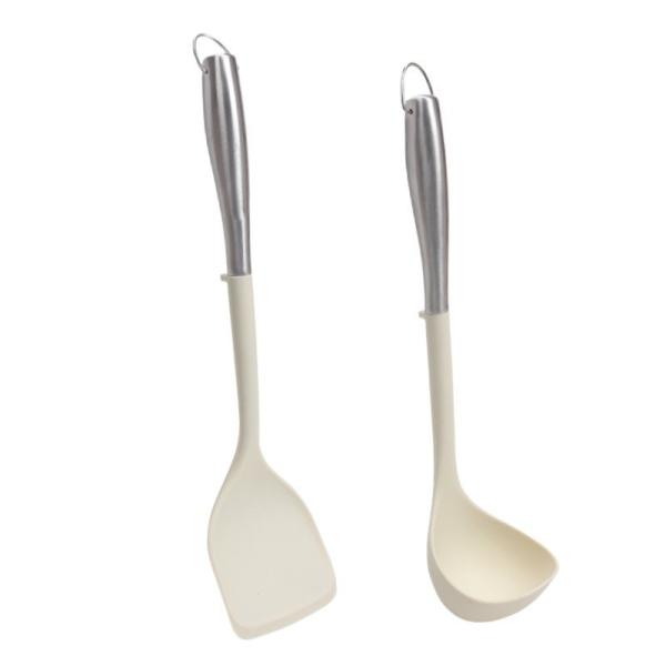 Силиконовая кухонная посуда из нержавеющей стали Кухонная посуда набор из 2-х штук Гибкая силиконовая головка Кухонная посуда со шпатулой, ложкой