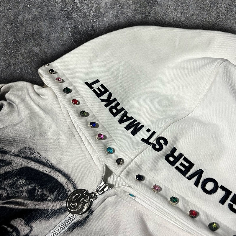 Dirty Style Rhinestone Zip Hoodie Diamond Zip Up Hoodie Screen Print Logo