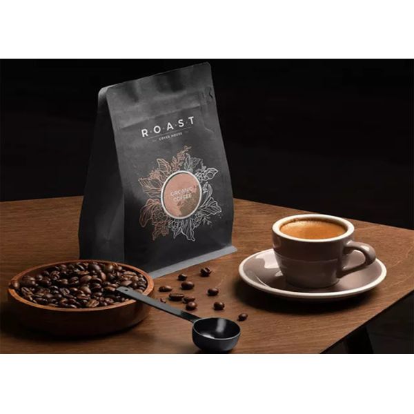 8 Sides Sealing Bag Black Coffee Pouch , Kraft Paper Coffee Bags With Air Valve