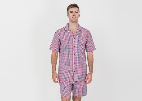 Cool Mens Button Up Pyjamas Woven Cotton Yarn Dyed Check Short Sleeve Shirt