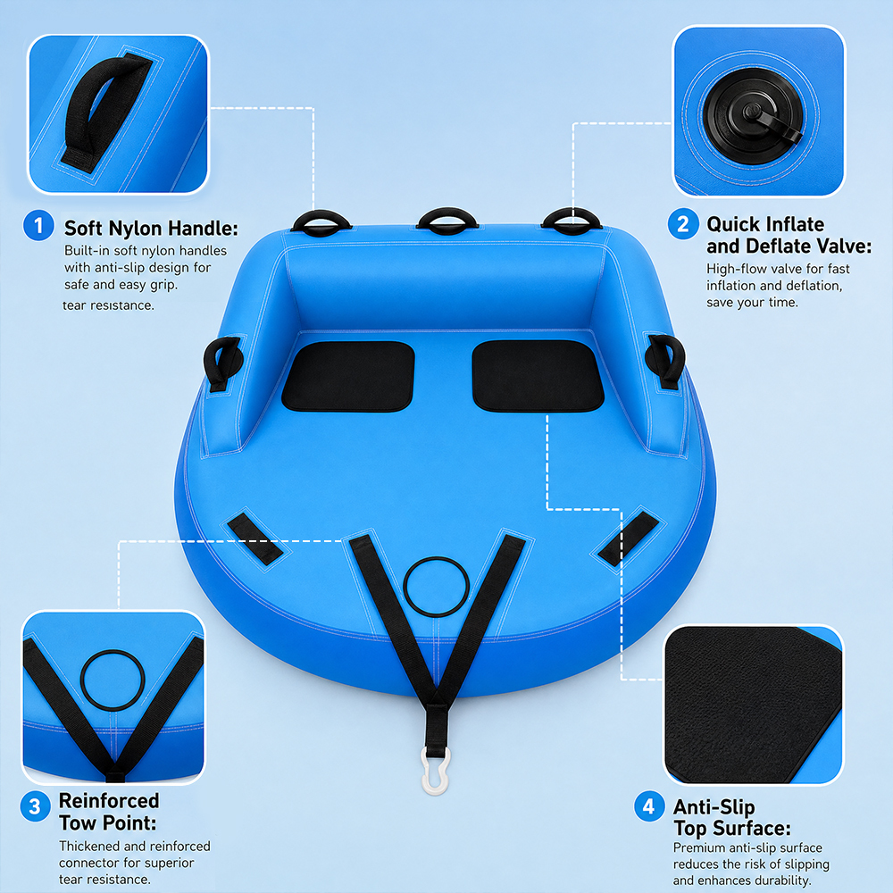 Commercial Inflatable Towable Tube with Backrest for 2-6 Riders, Boat Towing, Resort Rental, Lake and Water Sports