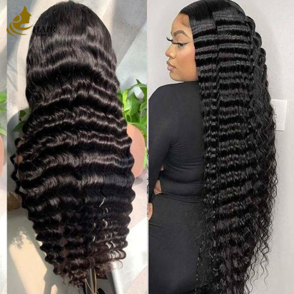 13*4 Lace Deep Curly Wave Human Hair Wigs Natural Black Virgin Hair Wig For Sale
