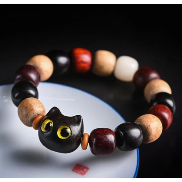 Small Leaf Red Sandalwood Bracelet Cute Cat Engraved Ebony Wood Protection Bracelet